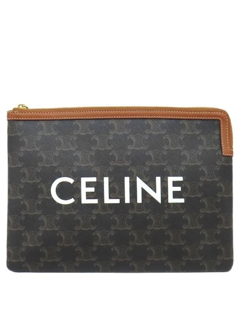 Celine Clutch Triomphe Small Pouch Calfskin Canvas Tan Gold Brown Double Flap